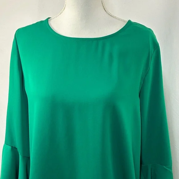 Alfani Womens Green Ruffle Trim Bell Sleeve Asymmetrical Blouse Top Size L - Picture 2 of 8